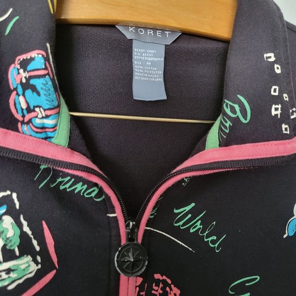 Koret Women's Vintage Black Novelty Travel Print Full Zip Jacket Pockets Size M - Picture 3 of 5